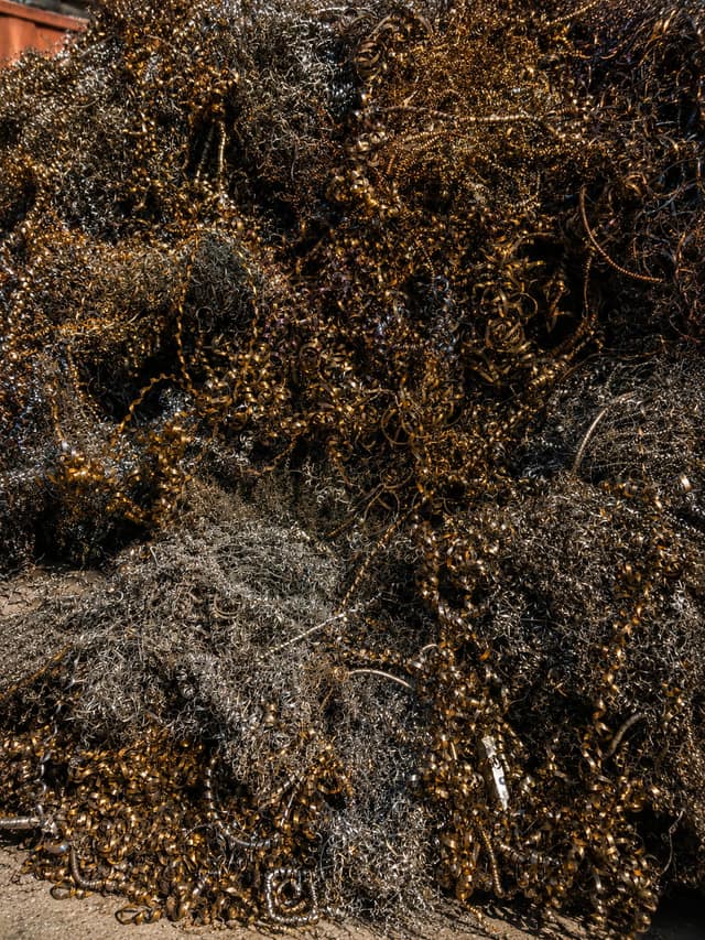 A dense tangle of copper and brass turnings.