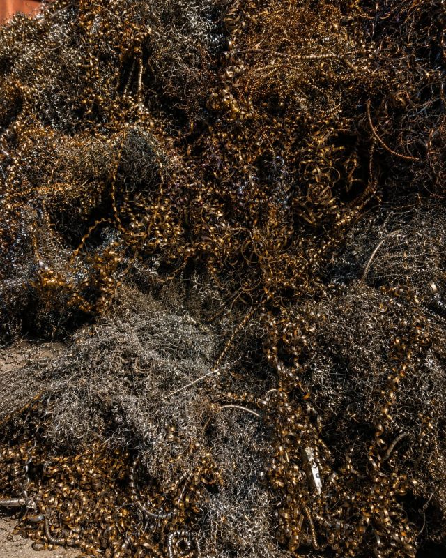 A dense tangle of copper and brass turnings.